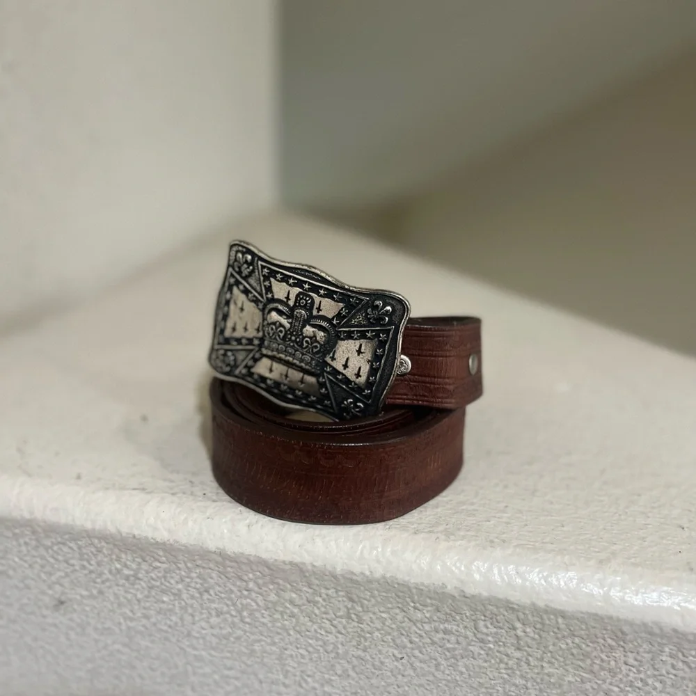 VNTG Genuine Brown Leather Belt Silver Buckle‎ Fit For a King Crown western
